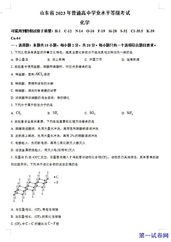 2023年高考山东卷化学真题（原卷版）