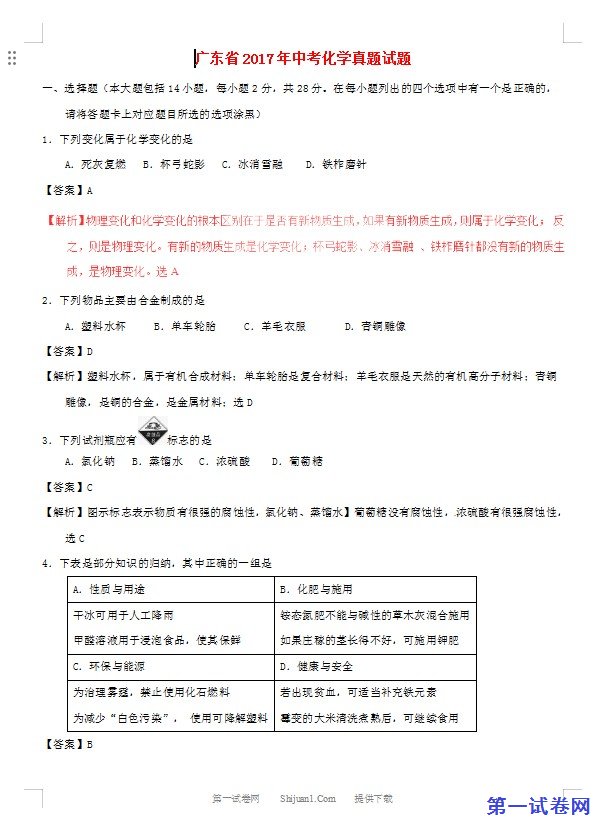 广东省2017年中考化学真题试题（含解析）