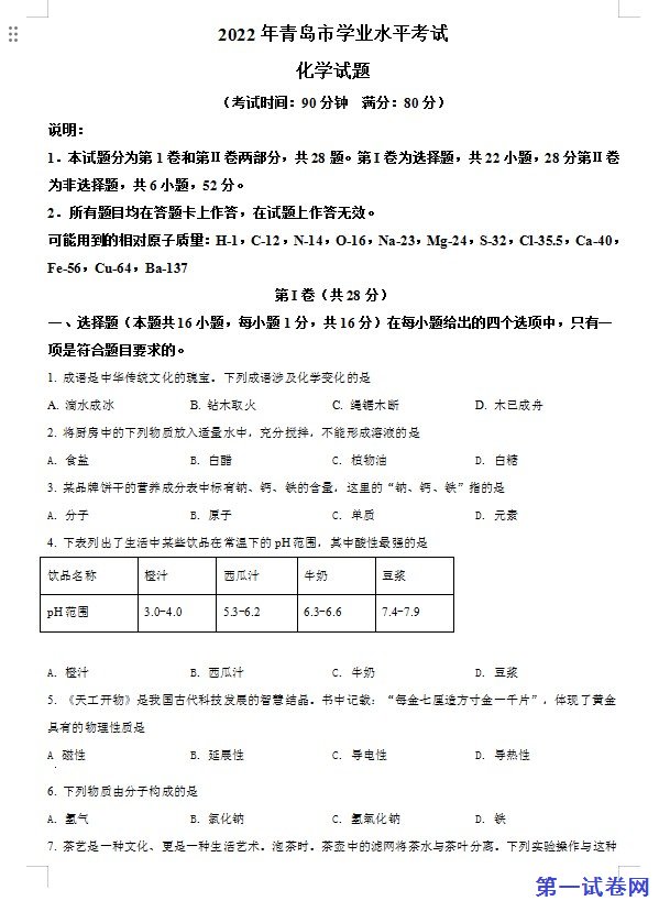 2022年山东省青岛市中考化学真题（原卷版）