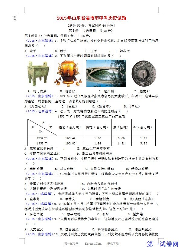 山东省淄博市2015年中考历史真题试题（含答案）