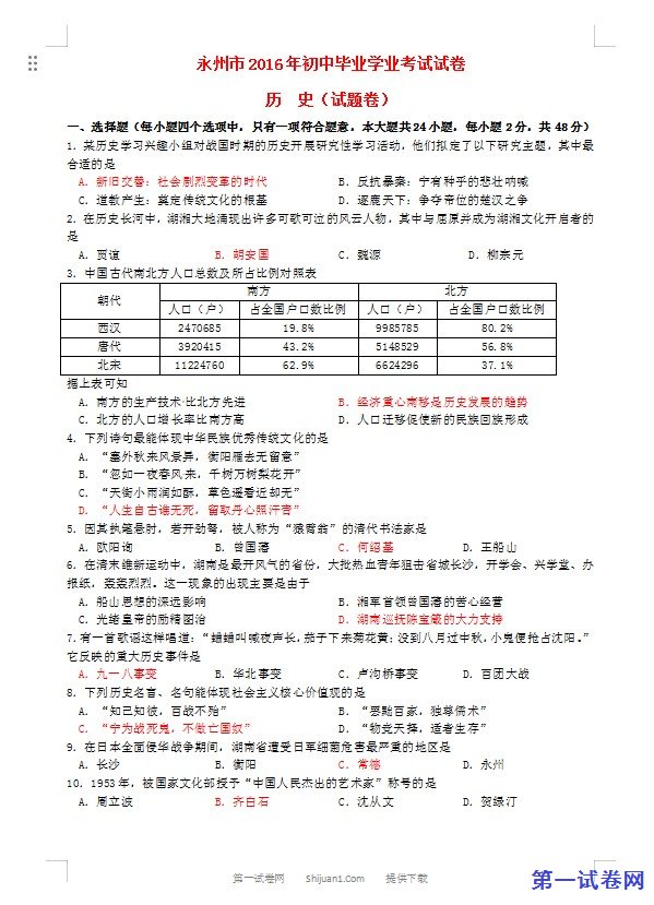 湖南省永州市2016年中考历史真题试题（含答案）