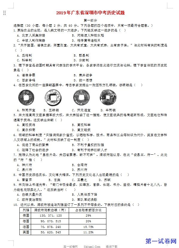 广东省深圳市2019年中考历史真题试题