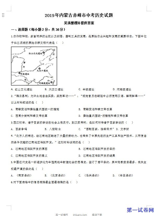 内蒙古赤峰市2019年中考历史试题（原卷版）