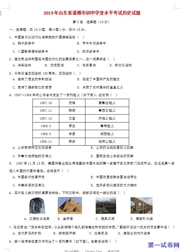 山东省淄博市2019年中考历史真题试题