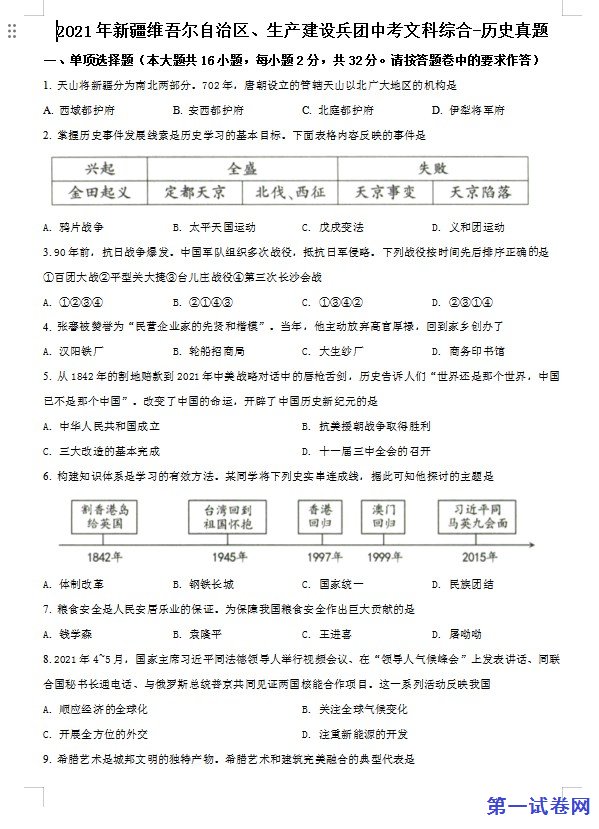 新疆维吾尔自治区、生产建设兵团2021年中考历史试题（原卷版）