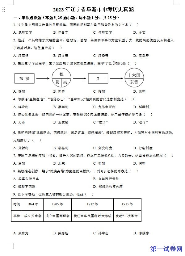 2023年辽宁省阜新市中考历史真题（原卷版）