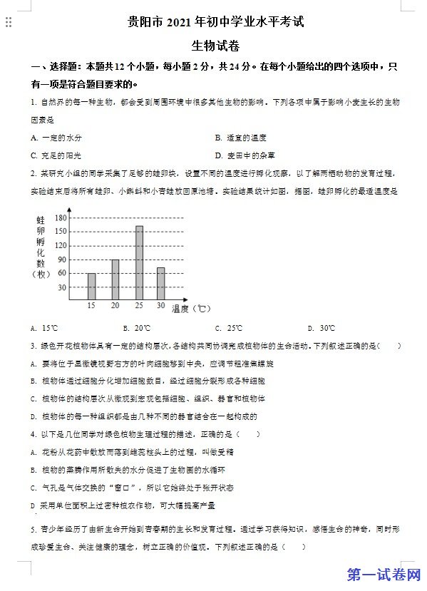 贵州省贵阳市2021年中考生物试题（原卷版）