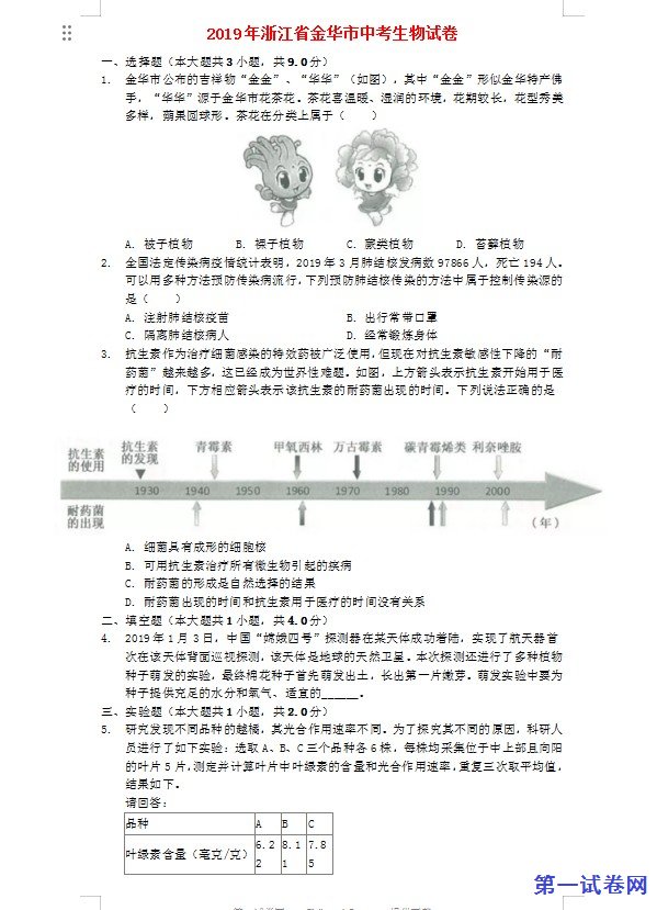 浙江省金华市2019年中考生物真题试题（含解析）