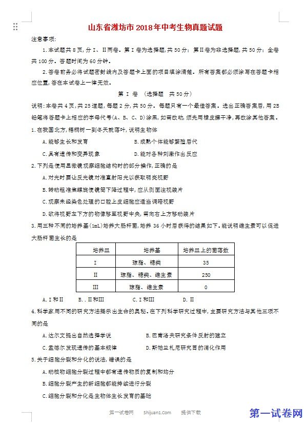 山东省潍坊市2018年中考生物真题试题（含答案）
