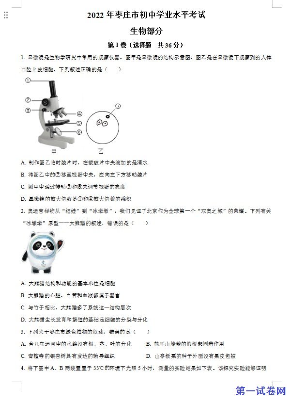 2022年山东省枣庄市中考生物真题（原卷版）