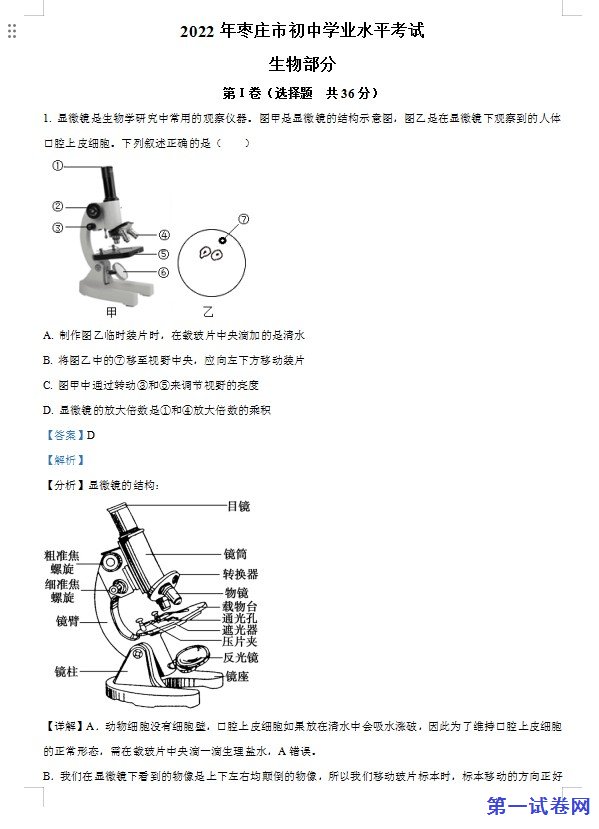 2022年山东省枣庄市中考生物真题（解析版）