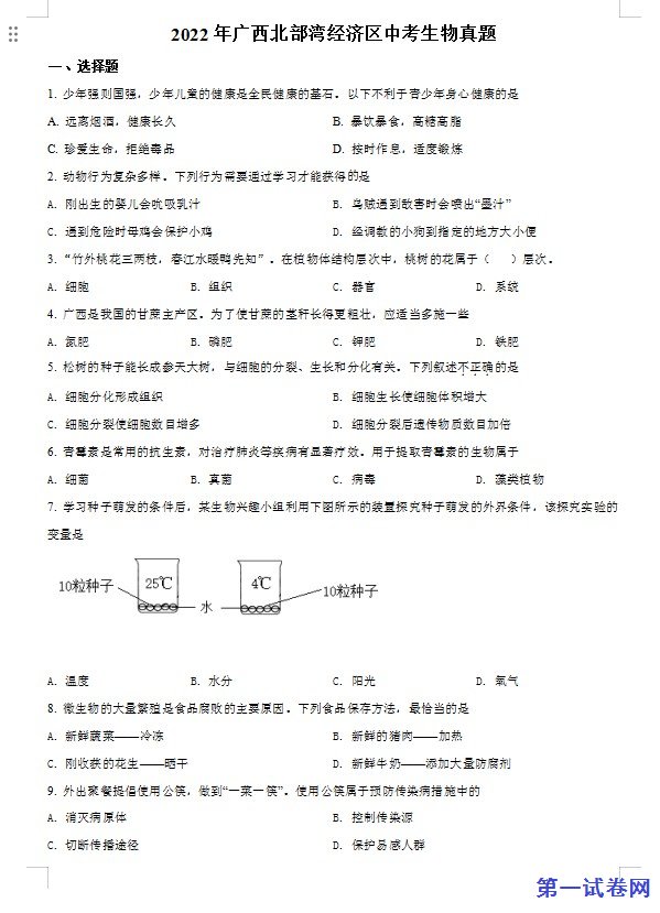 2022年广西北部湾经济区中考生物真题（原卷版）