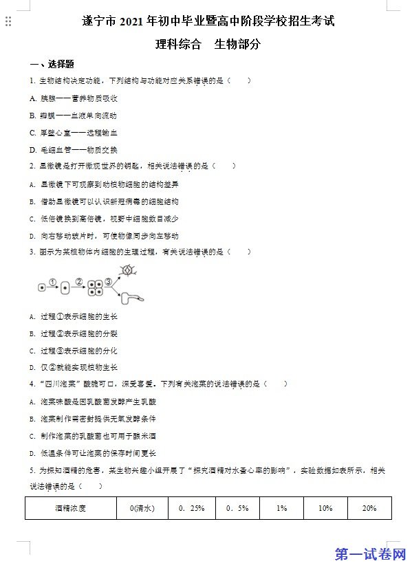 四川省遂宁市2021年中考生物试题（原卷版）