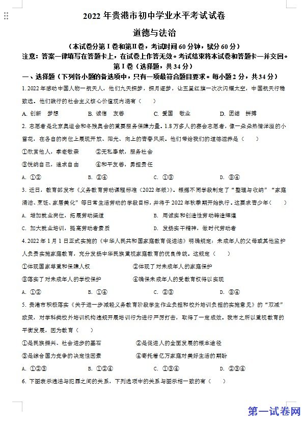 2022年广西贵港市中考道德与法治试题（原卷版）